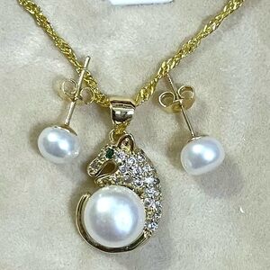 14K Yellow Gold Filled Natural White South Sea Pearl Pendant Necklace Earrings